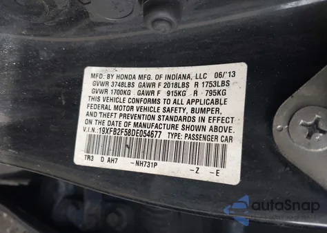 2013 Honda Civic Lx z USA, uszkodzony, nr VIN 19XFB2F58DE054677